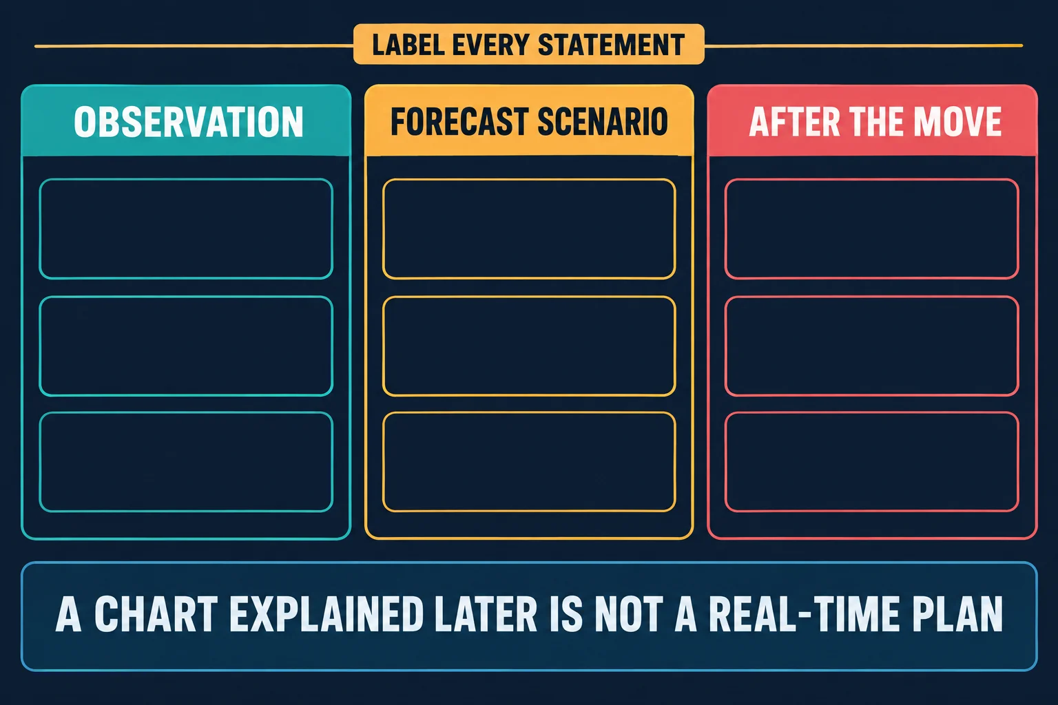 AI-generated educational classification graphic with three empty columns headed Observation, Forecast Scenario and After the Move, each with three blank slots for statements, under the tag Label Every Statement, above a banner reading A chart explained later is not a real-time plan.