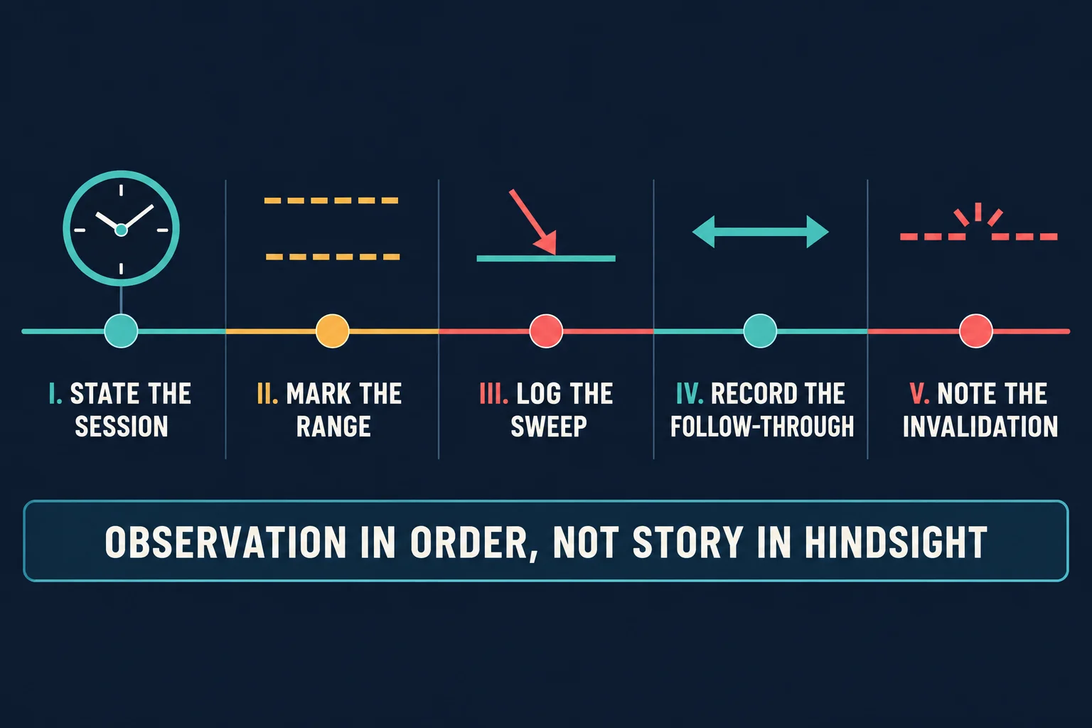 AI-generated educational timeline graphic with five labelled segments reading I. State the Session, II. Mark the Range, III. Log the Sweep, IV. Record the Follow-Through and V. Note the Invalidation, each with a simple icon, above a banner reading Observation in Order, Not Story in Hindsight.
