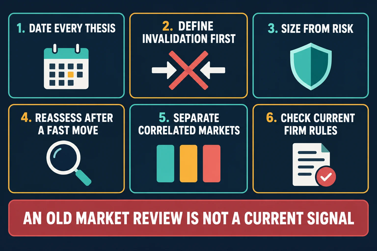 AI-generated instructional checklist graphic with six numbered step cards reading 1. Date Every Thesis, 2. Define Invalidation First, 3. Size From Risk, 4. Reassess After a Fast Move, 5. Separate Correlated Markets, and 6. Check Current Firm Rules, above a caption bar reading An old market review is not a current signal.