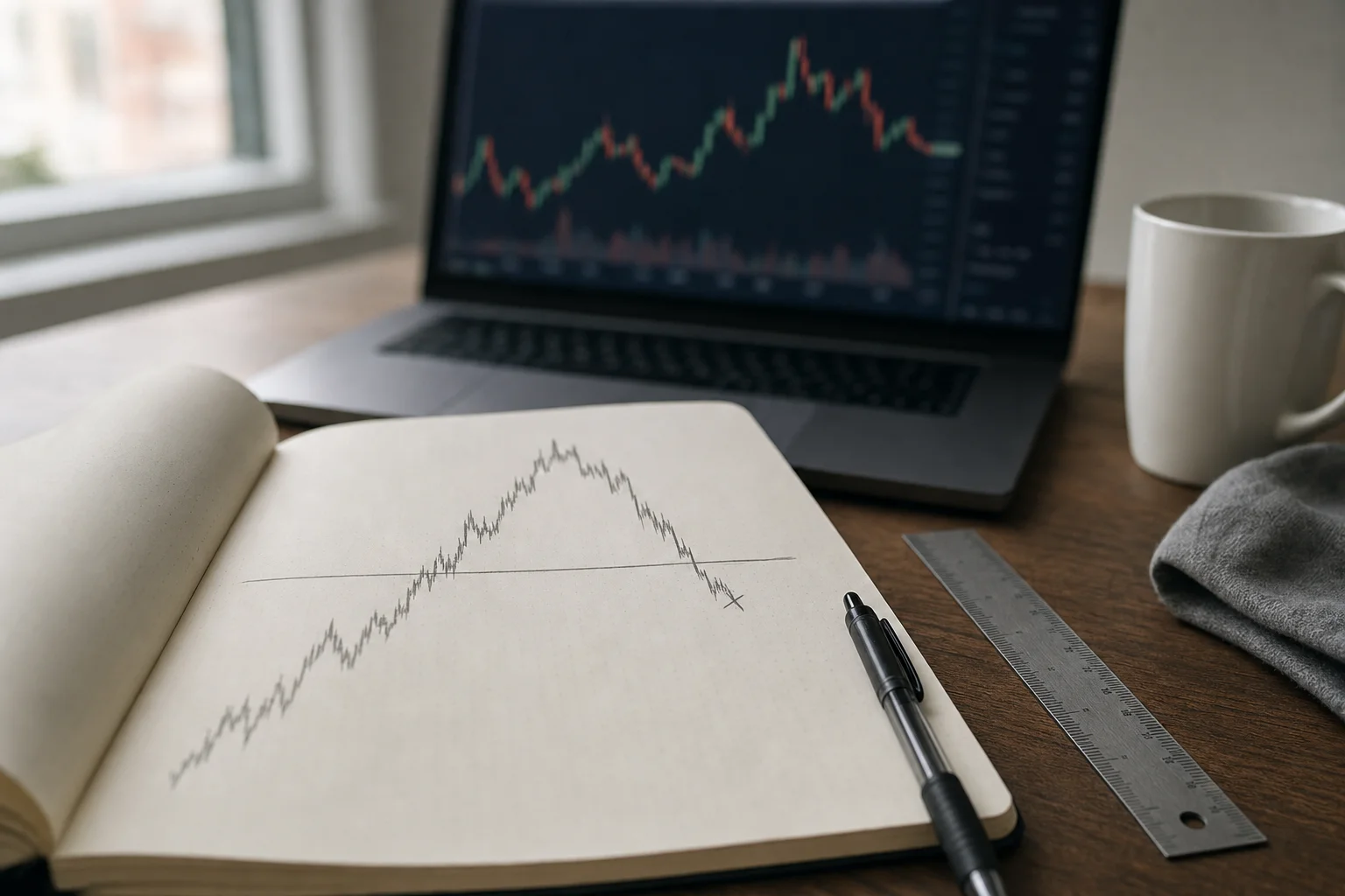 Photograph of a trading desk in morning light: an open notebook holds a hand-drawn price path that rises, peaks and then falls through a single horizontal pencil line, ending at a small marked cross below it, with a pen and ruler beside the notebook and a blurred dark candlestick chart on the laptop behind.