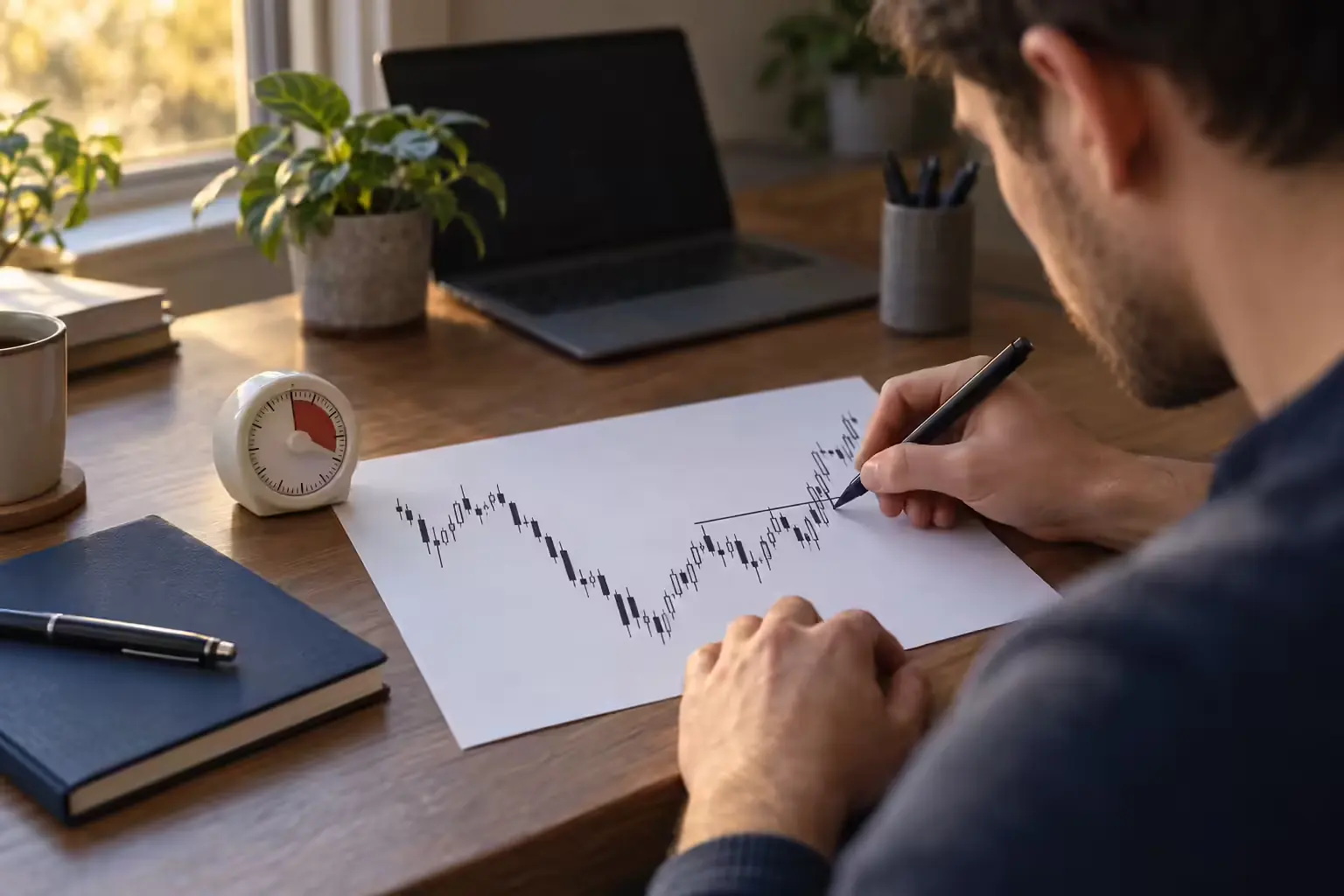 A trader marks a horizontal level with a pen on a printed one-minute candlestick chart, with a small mechanical timer beside it showing the setup has a limited time and a dark laptop screen angled away in the background.
