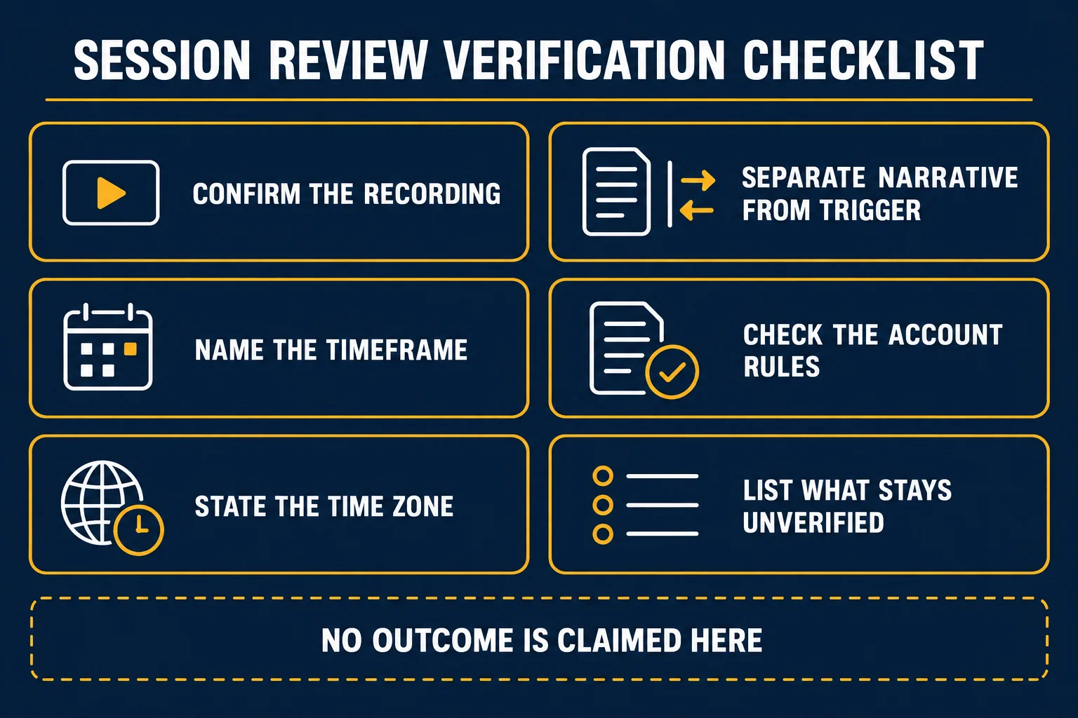 AI-generated educational checklist headed SESSION REVIEW VERIFICATION CHECKLIST with six captioned boxes reading Confirm The Recording, Separate Narrative From Trigger, Name The Timeframe, Check The Account Rules, State The Time Zone and List What Stays Unverified, above a dashed banner reading NO OUTCOME IS CLAIMED HERE.