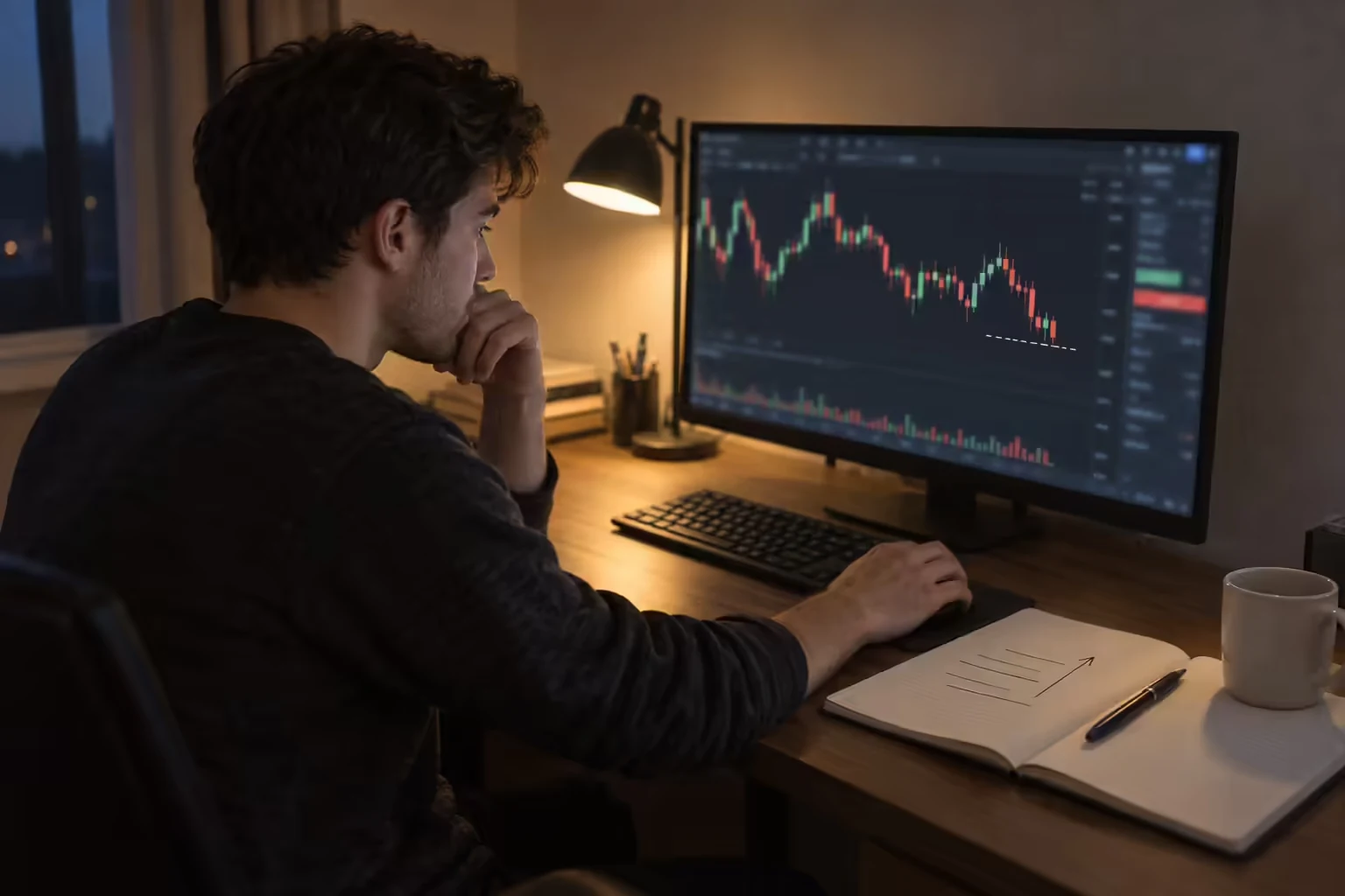 A trader working at a home desk in the evening watching a candlestick chart on one monitor while a stop level is moved on the open position, with hand-drawn level lines in a notebook beside the keyboard.