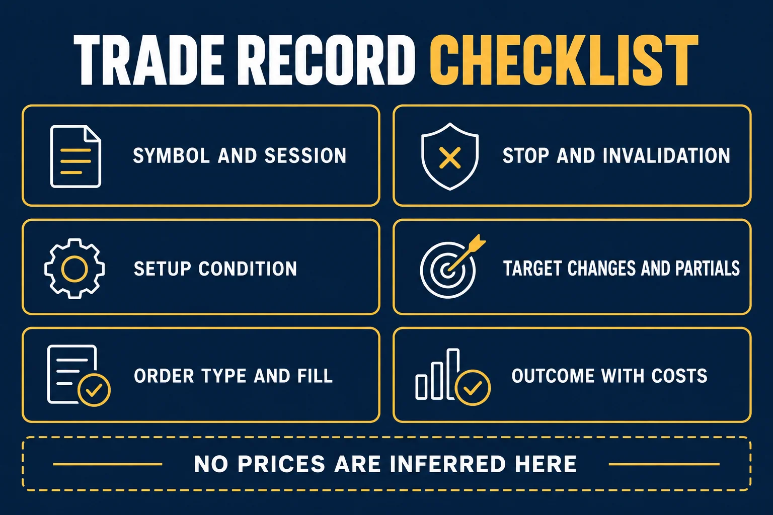 AI-generated educational checklist headed TRADE RECORD CHECKLIST with six captioned boxes reading Symbol And Session, Setup Condition, Order Type And Fill, Stop And Invalidation, Target Changes And Partials and Outcome With Costs, above a dashed banner reading NO PRICES ARE INFERRED HERE.