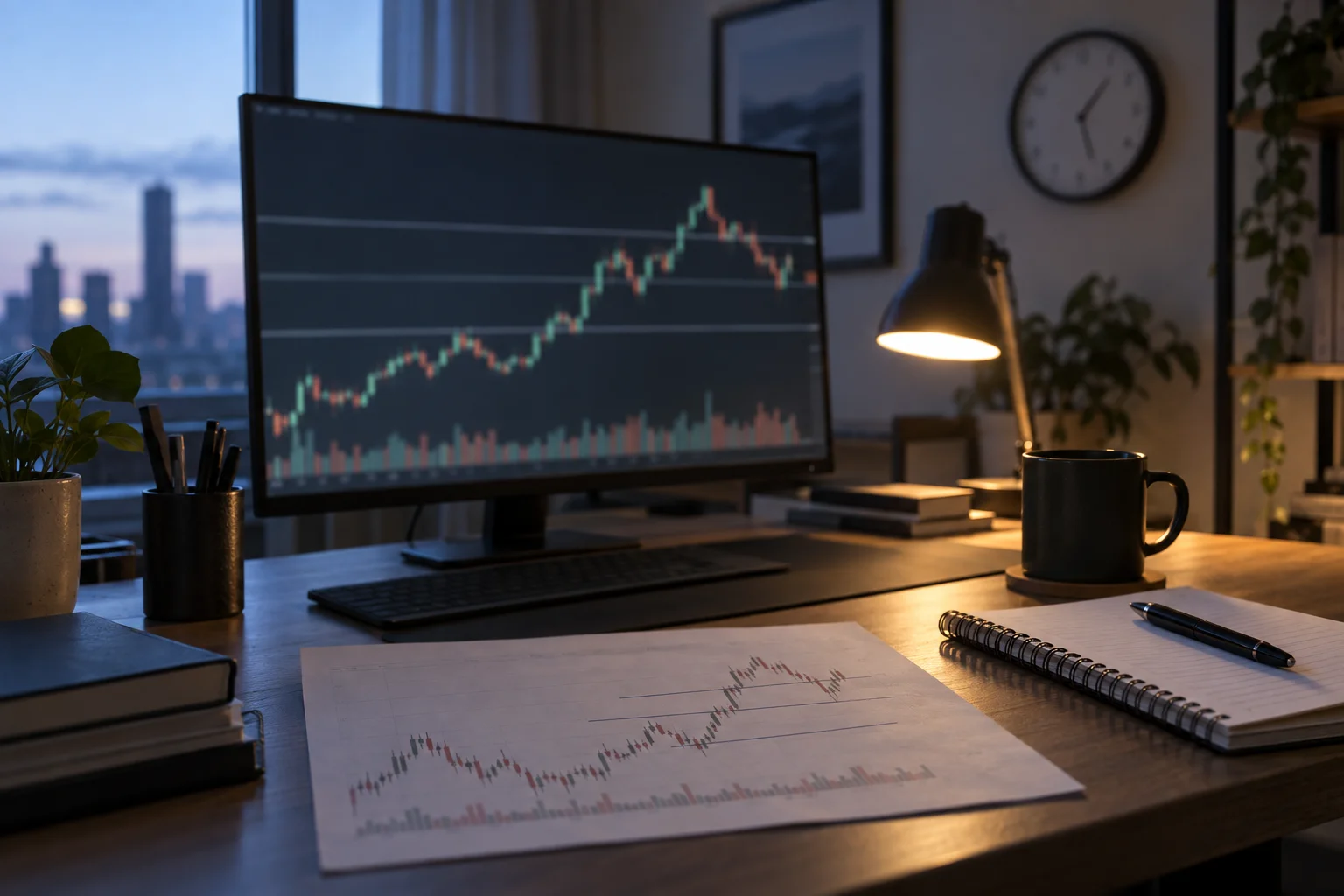 Illustrative trading study desk with a monitor, printed chart and notebook.