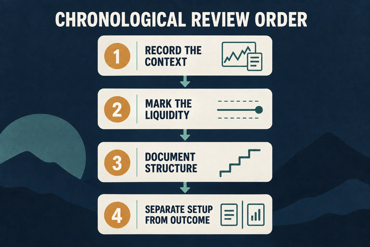 Four-step chronological review order: record the context, mark the liquidity, document structure, and separate the setup from the outcome.