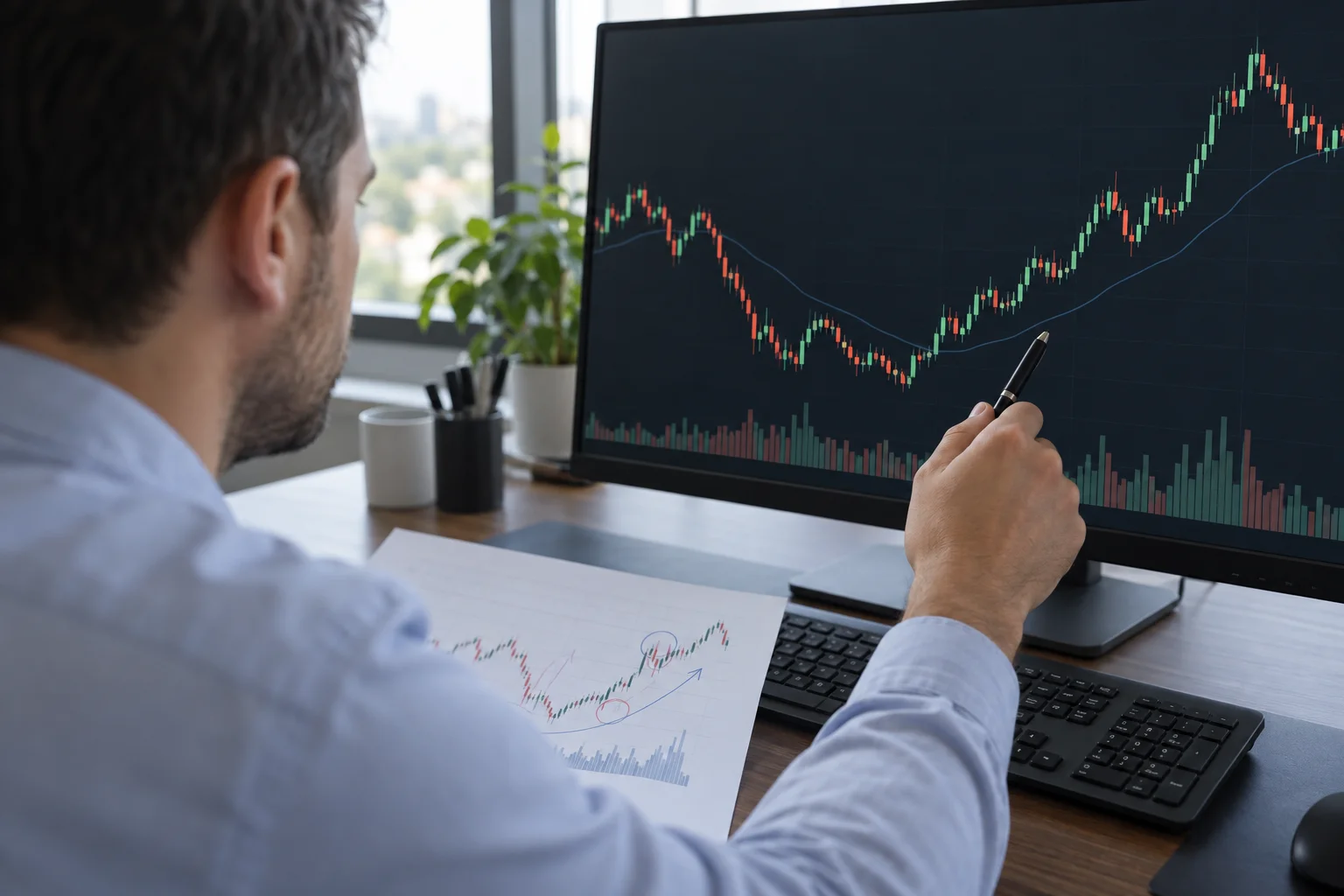 A trader reading an unlabelled intraday candlestick chart on a large monitor, with a printed chart page lying on the desk.