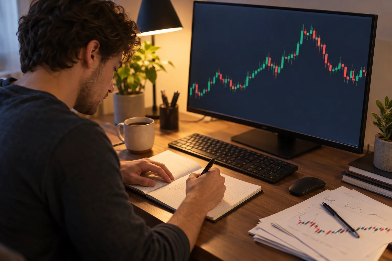 A trader working at a desk in the evening, writing notes in a notebook beside a monitor showing an unlabelled candlestick chart.