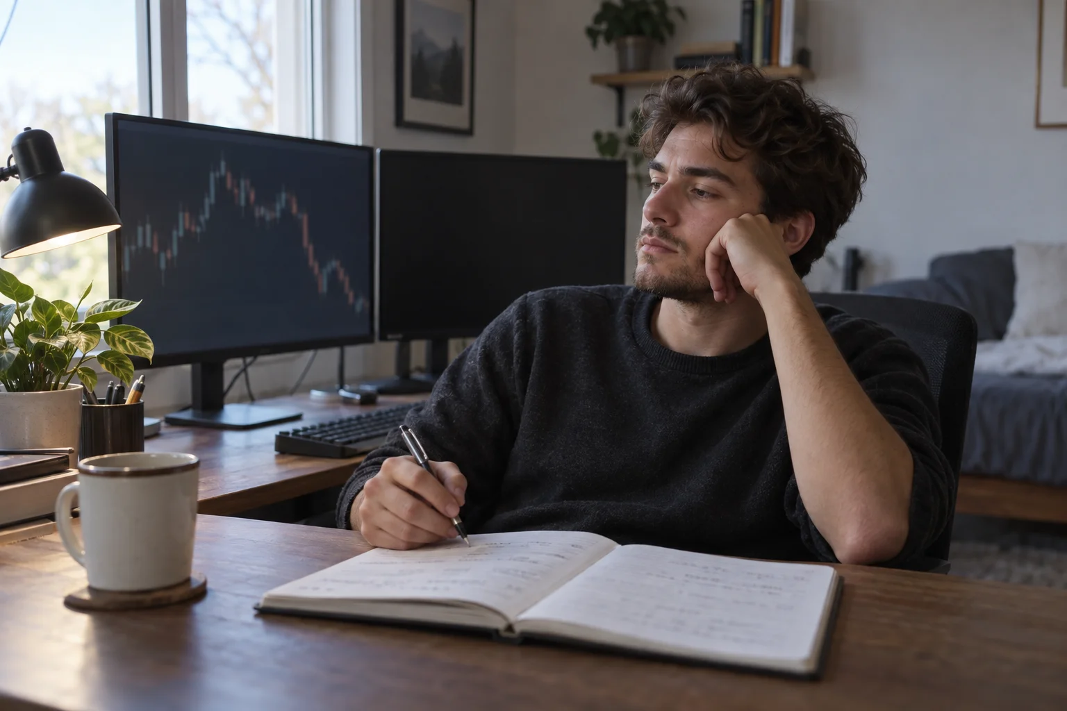 A trader at a home desk sitting back from the keyboard with a pen over an open notebook, a dim out-of-focus candlestick chart on one monitor and the second screen switched off, illustrating a session reviewed rather than traded.