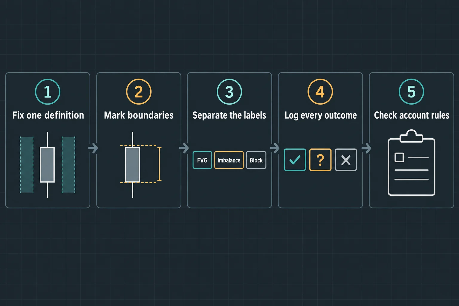 Five-panel schematic diagram numbered one to five labelling a study method: fix one definition, mark its boundaries, keep the labels fair value gap, volume imbalance and block separate, log every outcome, and check the account rules that apply.