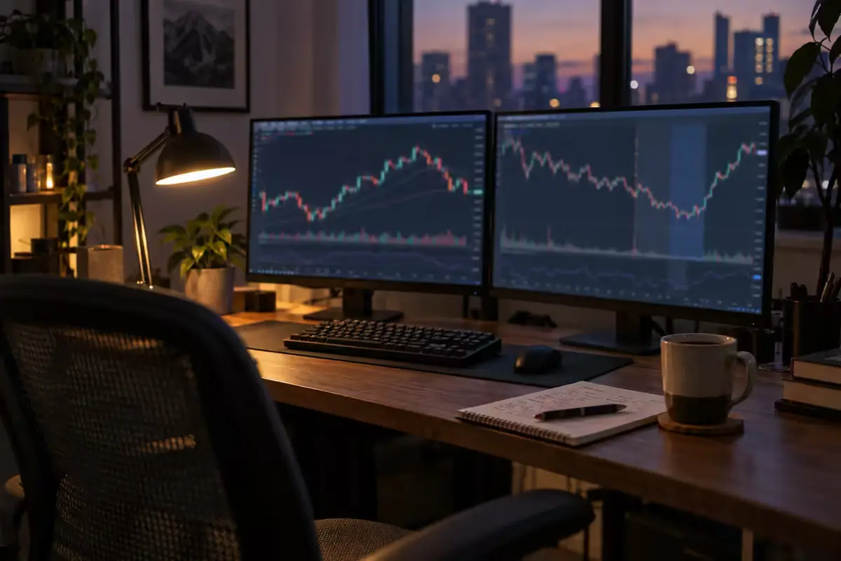A two-monitor trading workstation at dusk with a notebook, pen and coffee mug on the desk; the chart screens are deliberately out of focus so that no prices, tickers or labels are legible.