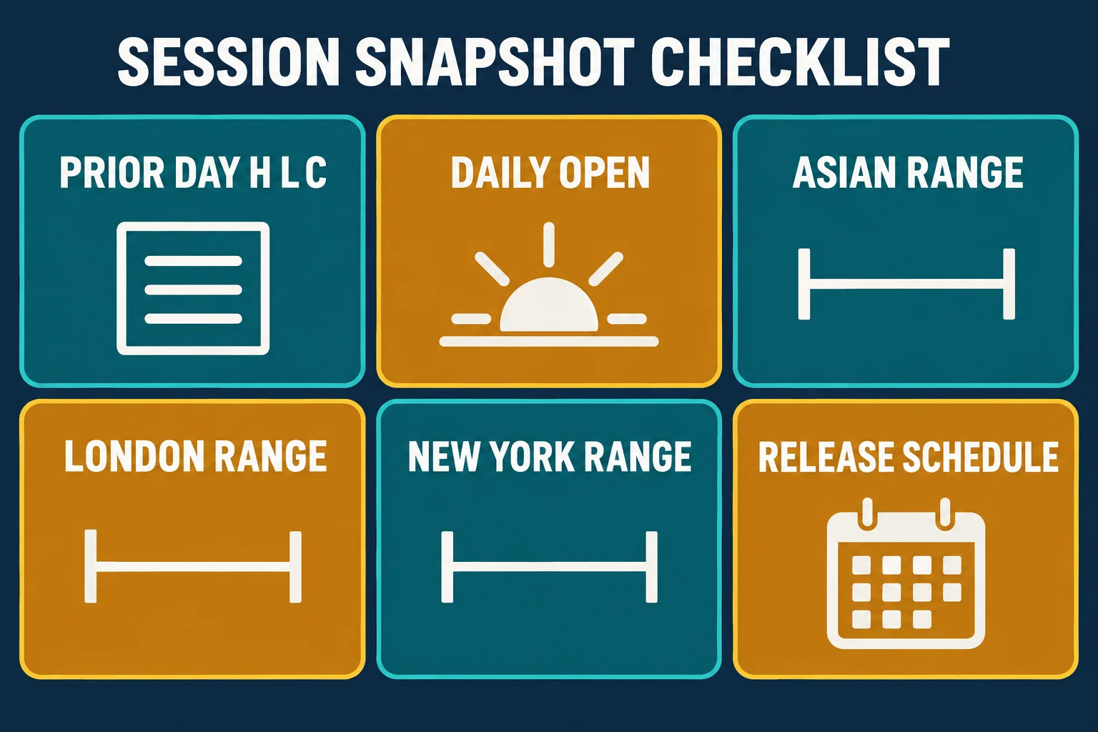 Six-tile checklist headed SESSION SNAPSHOT CHECKLIST with tiles PRIOR DAY H L C, DAILY OPEN, ASIAN RANGE, LONDON RANGE, NEW YORK RANGE and RELEASE SCHEDULE.