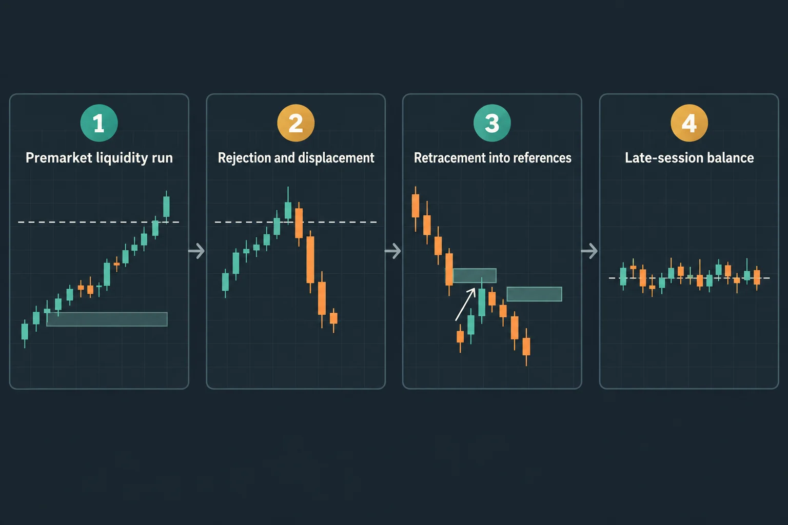 Four-panel schematic diagram numbered one to four labelling an intraday sequence: premarket liquidity run, rejection and displacement, retracement into references, and late-session balance.