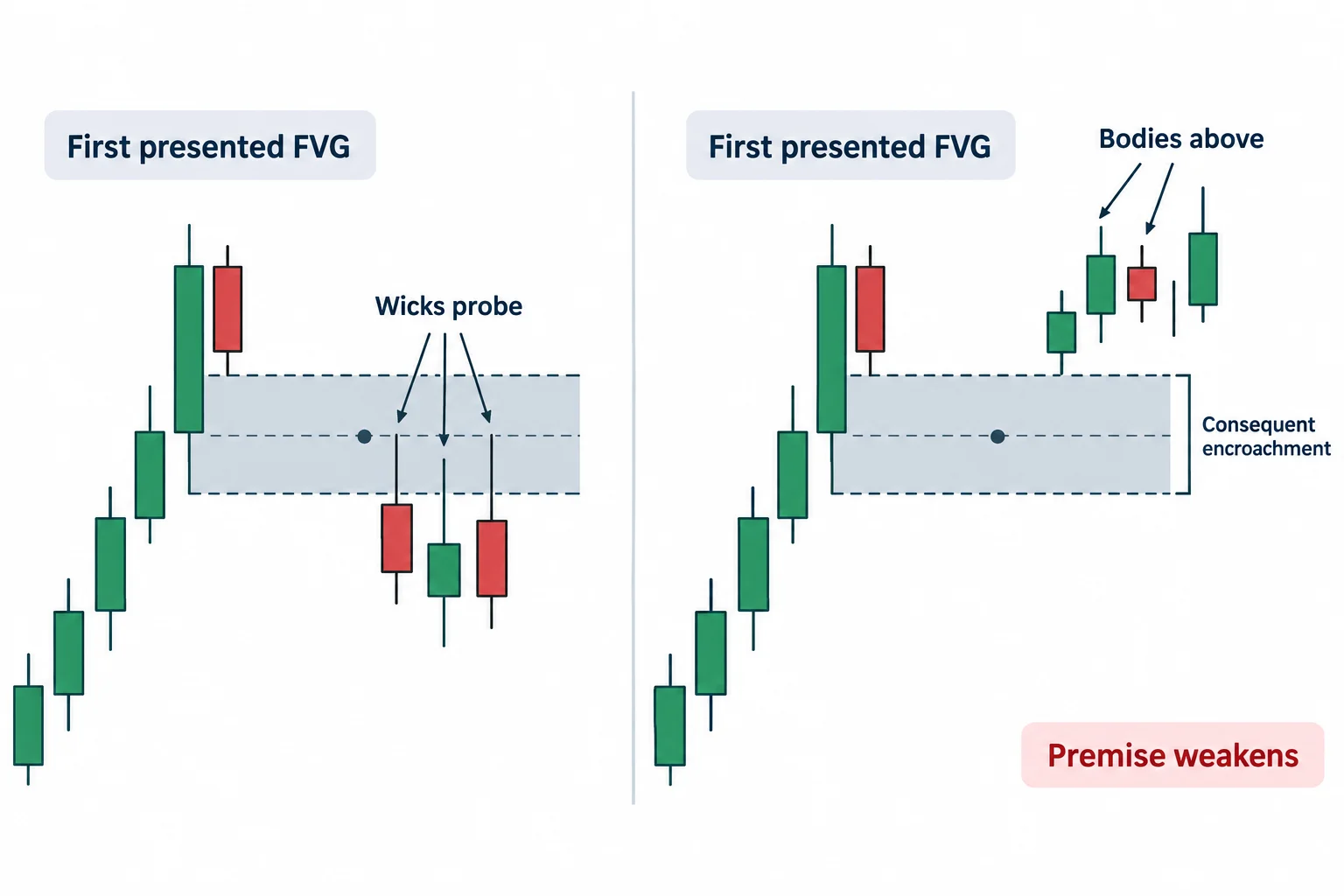 Two panels compare wick probes into a gap with candle bodies establishing above it.
