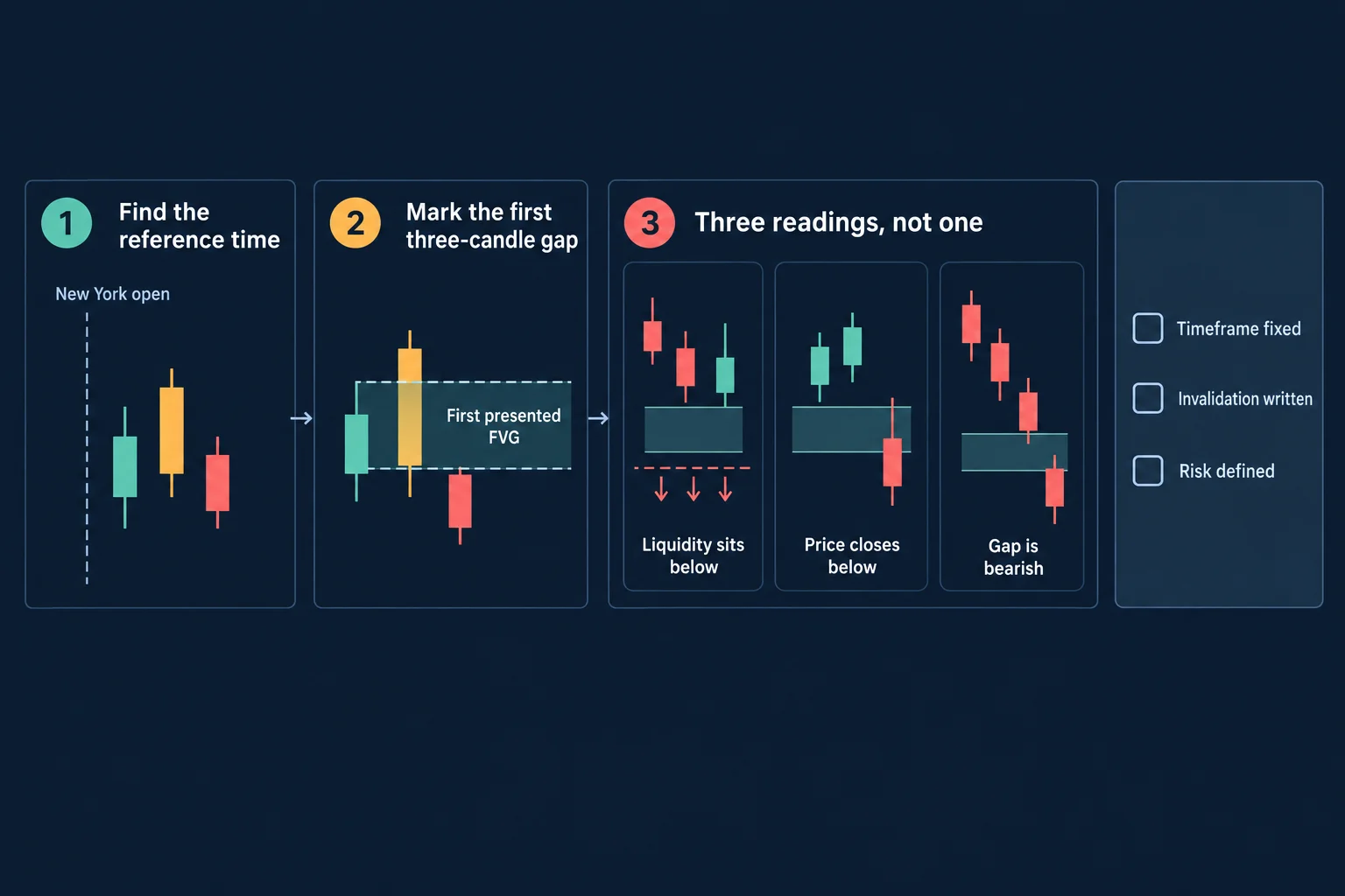 Three-step schematic: find the reference time, mark the first three-candle fair value gap, then separate three readings labelled Liquidity sits below, Price closes below and Gap is bearish, beside a checklist for timeframe fixed, invalidation written and risk defined.
