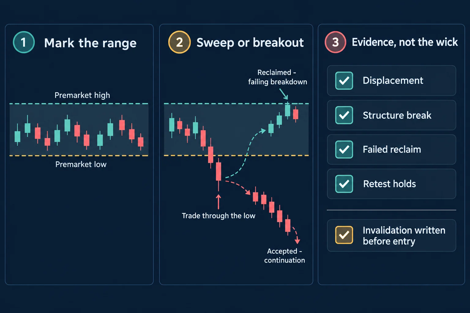 Three-panel schematic diagram labelling a premarket liquidity procedure: mark the premarket range between a dashed high and low, then distinguish a sweep that is reclaimed inside the band from an accepted move that continues outside it, followed by a four-item evidence checklist.