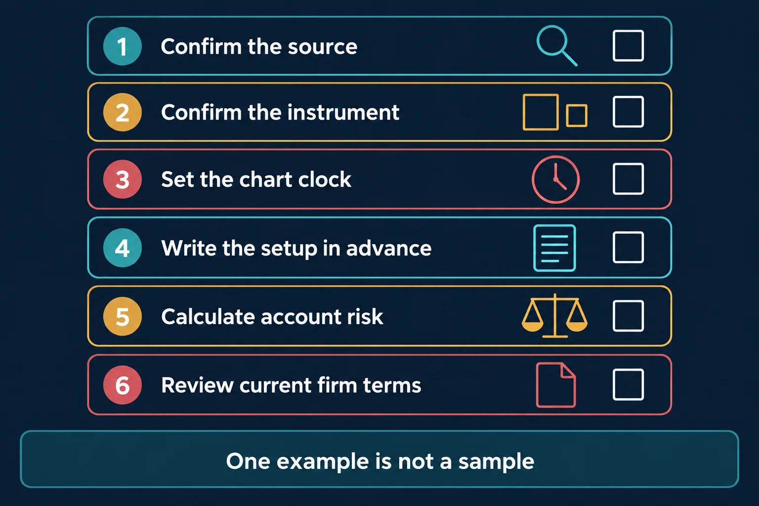 Educational checklist schematic with six numbered rows and empty tick boxes reading Confirm the source, Confirm the instrument, Set the chart clock, Write the setup in advance, Calculate account risk and Review current firm terms, above a caption bar reading One example is not a sample.