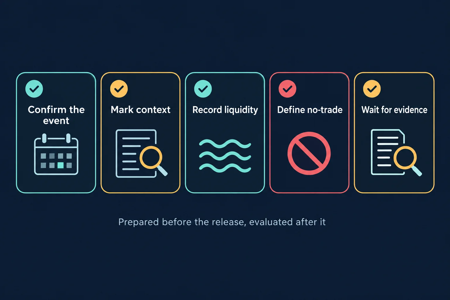 Five checklist tiles headed Confirm the event, Mark context, Record liquidity, Define no-trade and Wait for evidence, above a caption reading Prepared before the release, evaluated after it.