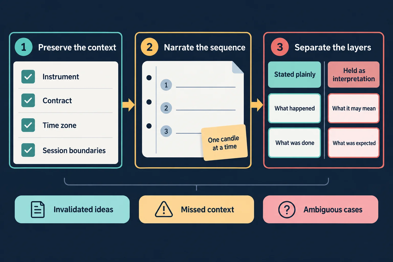 AI-generated three-step schematic on a dark navy background: step one labelled preserve the context with tick boxes for instrument, contract, time zone and session boundaries, step two labelled narrate the sequence showing a sheet with three numbered lines and a note reading one candle at a time, and step three labelled separate the layers, with from the presenter style columns headed stated plainly and held as interpretation, above pills reading invalidated ideas, missed context and ambiguous cases.