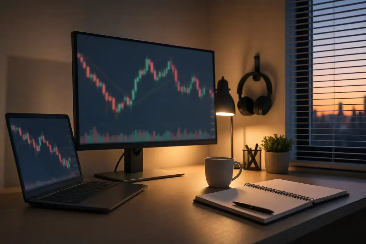 Home trading desk at dusk with a monitor showing an unreadable candlestick chart, an open blank notebook with a pen, a mug and headphones on a hook, set up for reviewing the next trading session