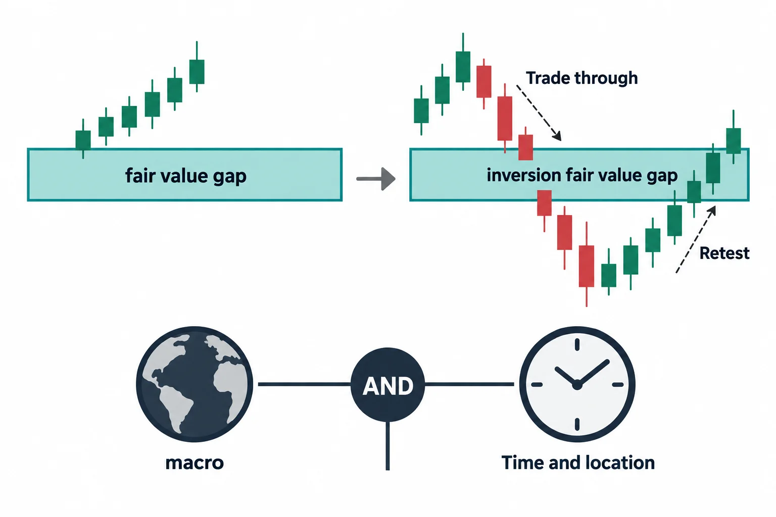 A gap changes role after price crosses it, with a separate timing cue alongside the location cue.