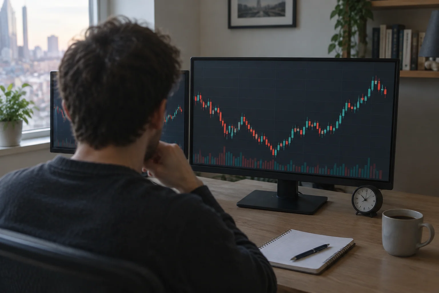 Home trading workstation in the morning before a session opens, with two monitors showing an unreadable candlestick chart, a blank notebook and pen, a mug and a small desk clock, and the trader seated with their back to the camera