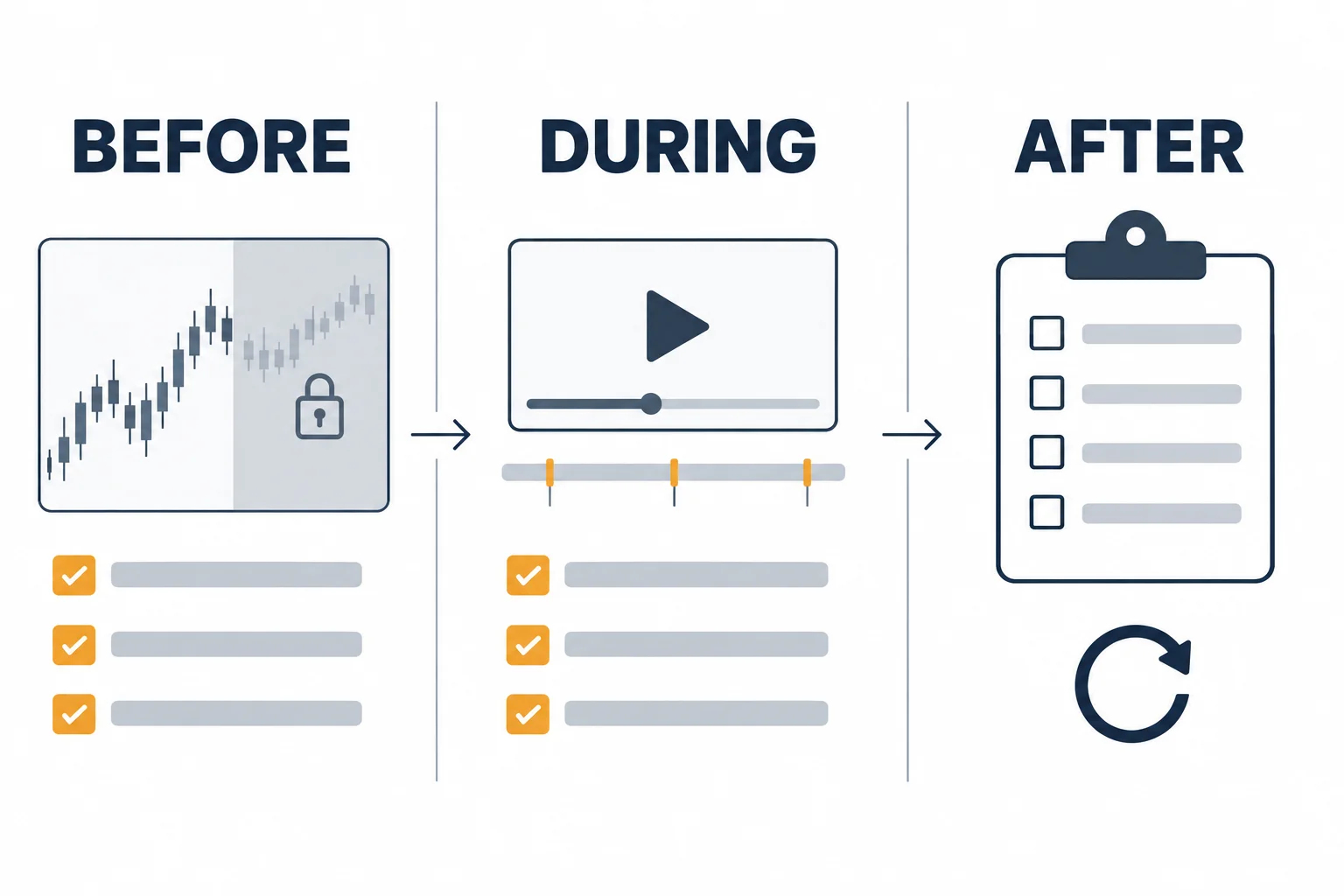 Three-column schematic, not real market data: BEFORE shows a candlestick panel whose later portion is shaded with a padlock and three tick boxes; DURING shows a video player outline, a timeline bar with three unlabelled markers and three tick boxes; AFTER shows a clipboard with four empty checkboxes and a circular repeat arrow. Arrows show left-to-right progression. AI-generated educational diagram with no prices, dates or performance data.