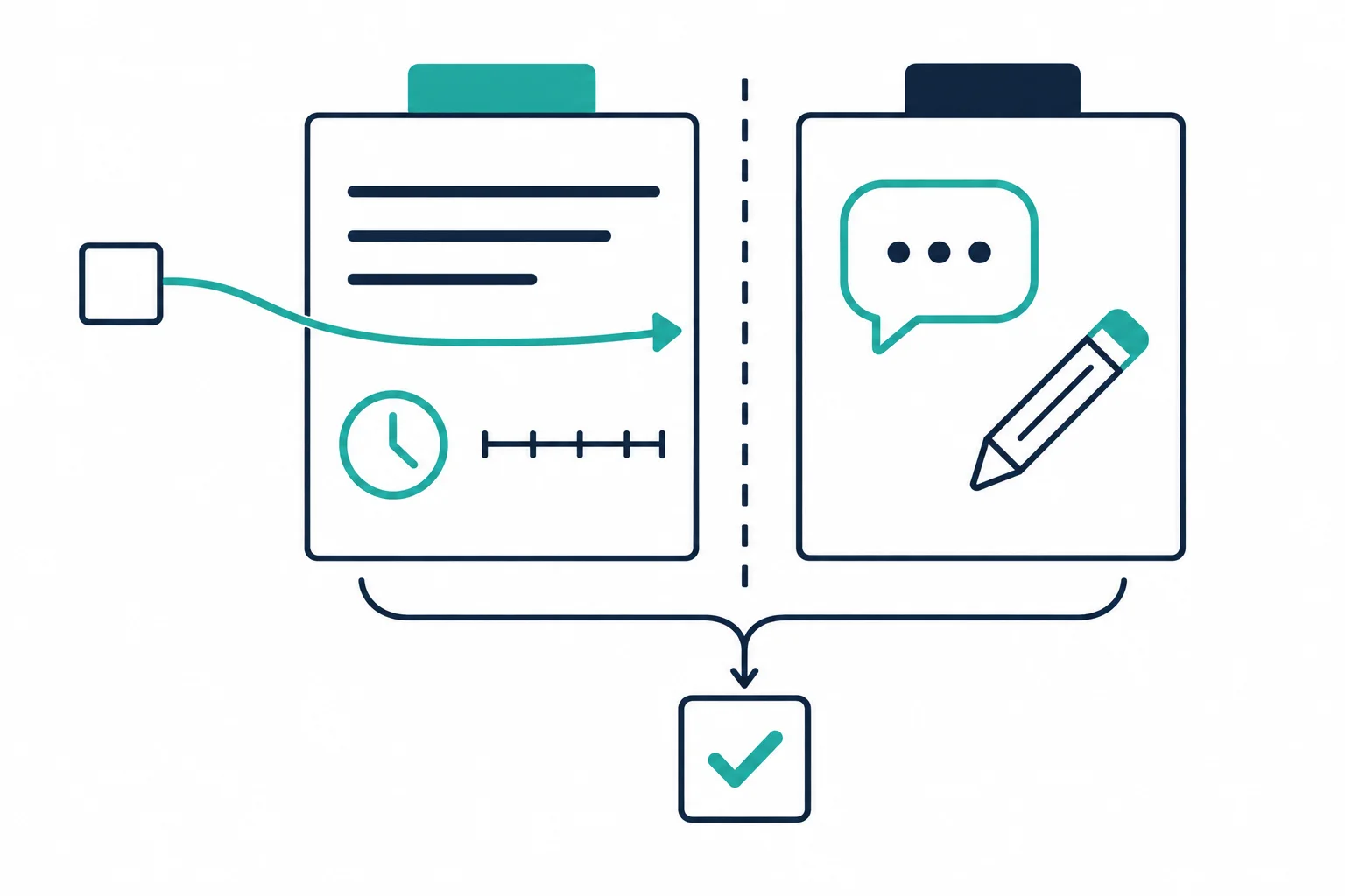 Conceptual note-taking diagram separating timestamped source material from personal commentary before combining them in a review.