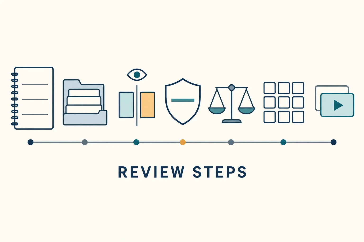 Flat schematic, not a chart or trade record: left to right a notebook with blank ruled lines, a folder holding blank cards, an eye above a divider with two blank panels, a shield with one bar, a balance scale with two empty pans, a three-by-three grid of empty squares and two overlapping panels holding a play symbol, joined beneath by a line with seven nodes, tagged REVIEW STEPS.