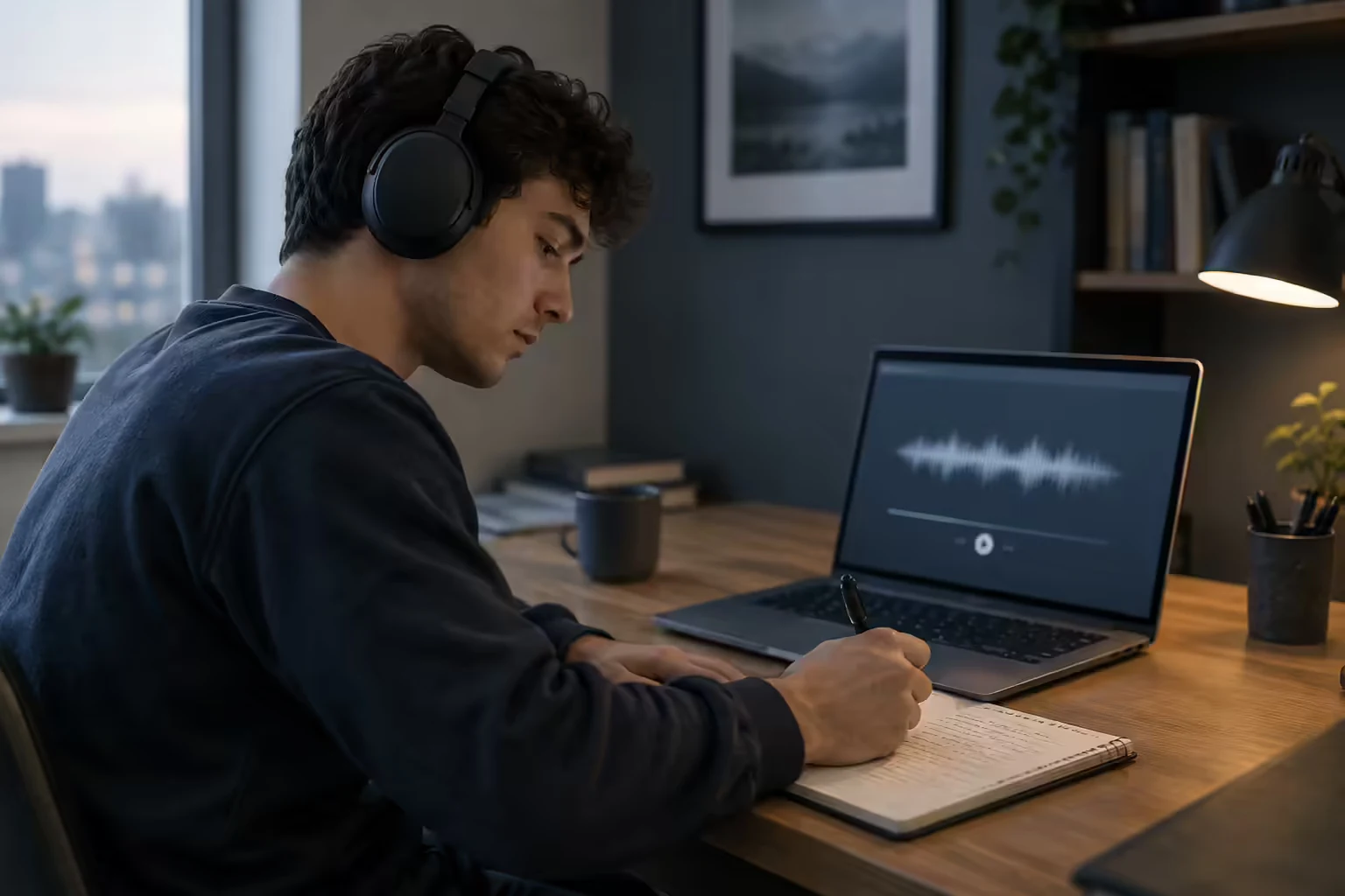 A person wearing over-ear headphones takes notes in a notebook at a desk while a laptop screen shows an abstract audio waveform — an illustration of reviewing a recorded session, not a screenshot of any interface.