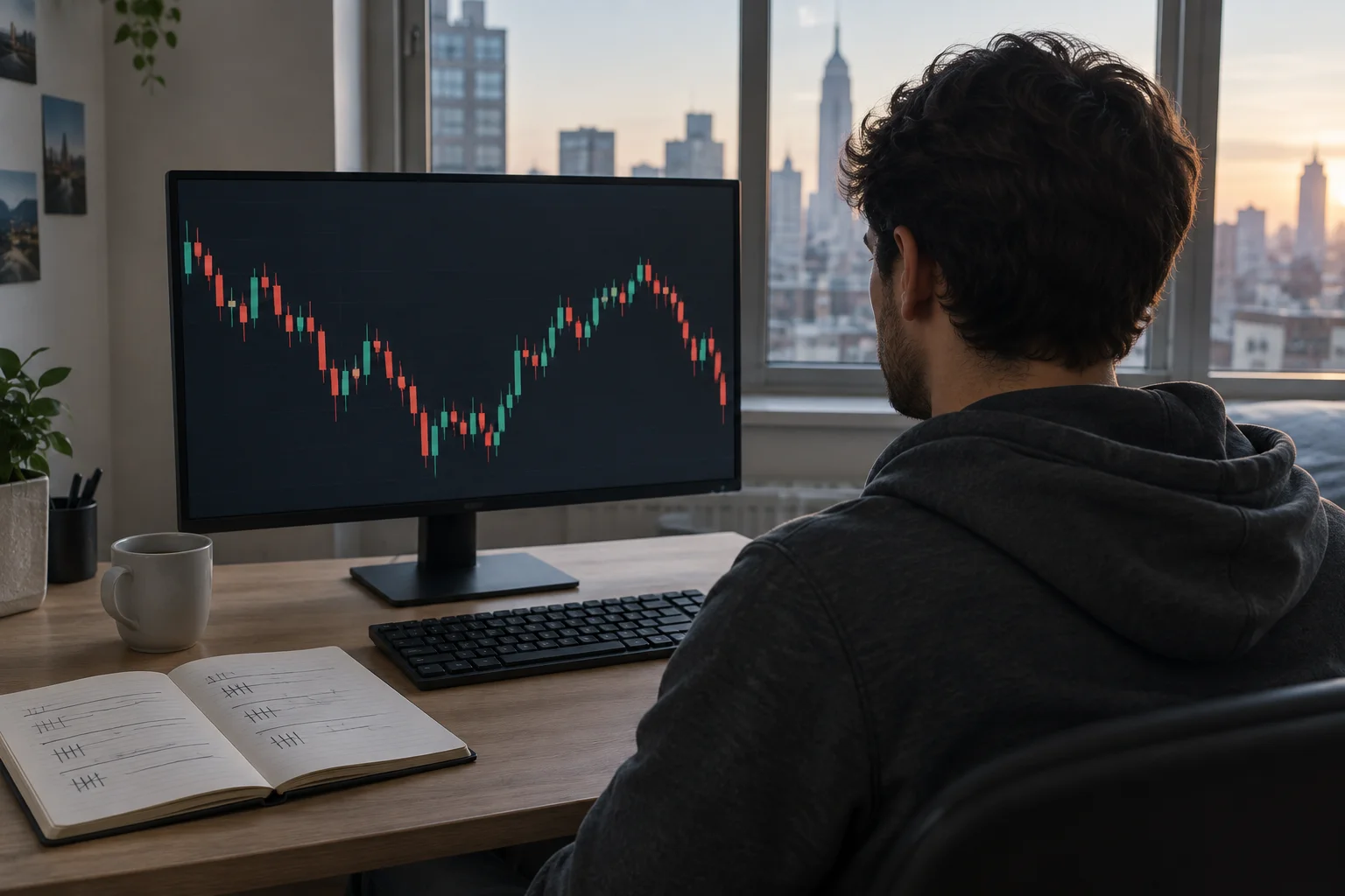 A trader's home desk during the New York session: one monitor showing a plain candlestick chart with no readable labels, an open notebook with hand-drawn lines for weekly opening gap notes, and a mug beside the keyboard