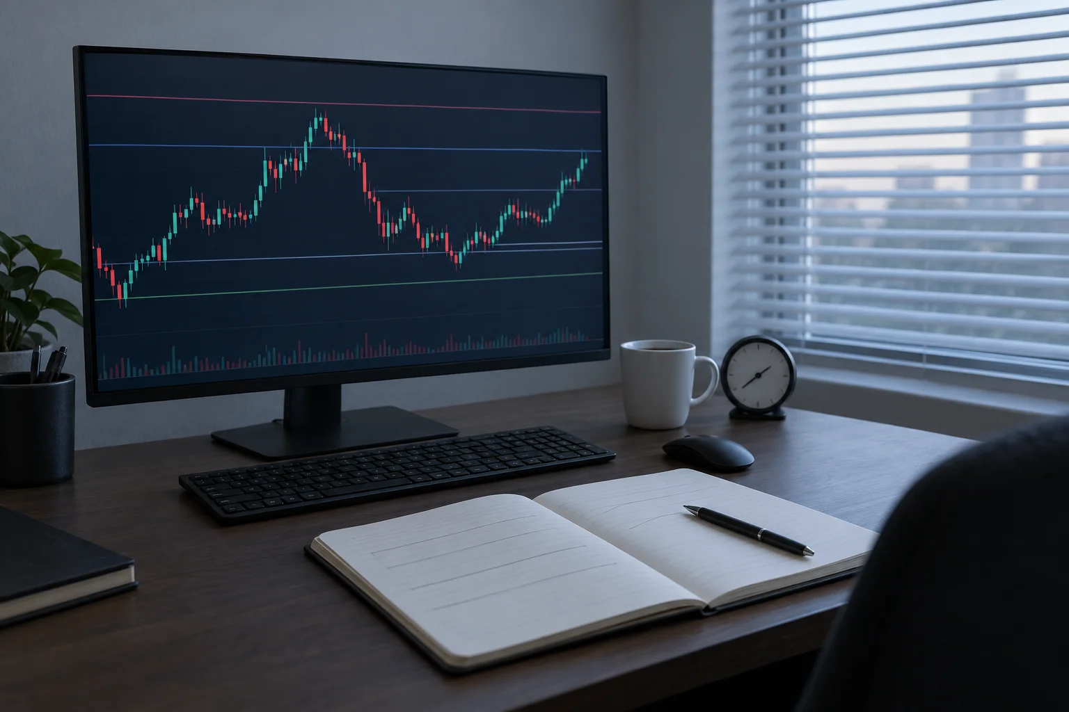 A quiet home trading desk in the early morning: a monitor showing an unlabelled candlestick chart with a few horizontal level lines, an open notebook with faint pencil lines, a pen, a plain mug and a small analogue clock beside closed blinds