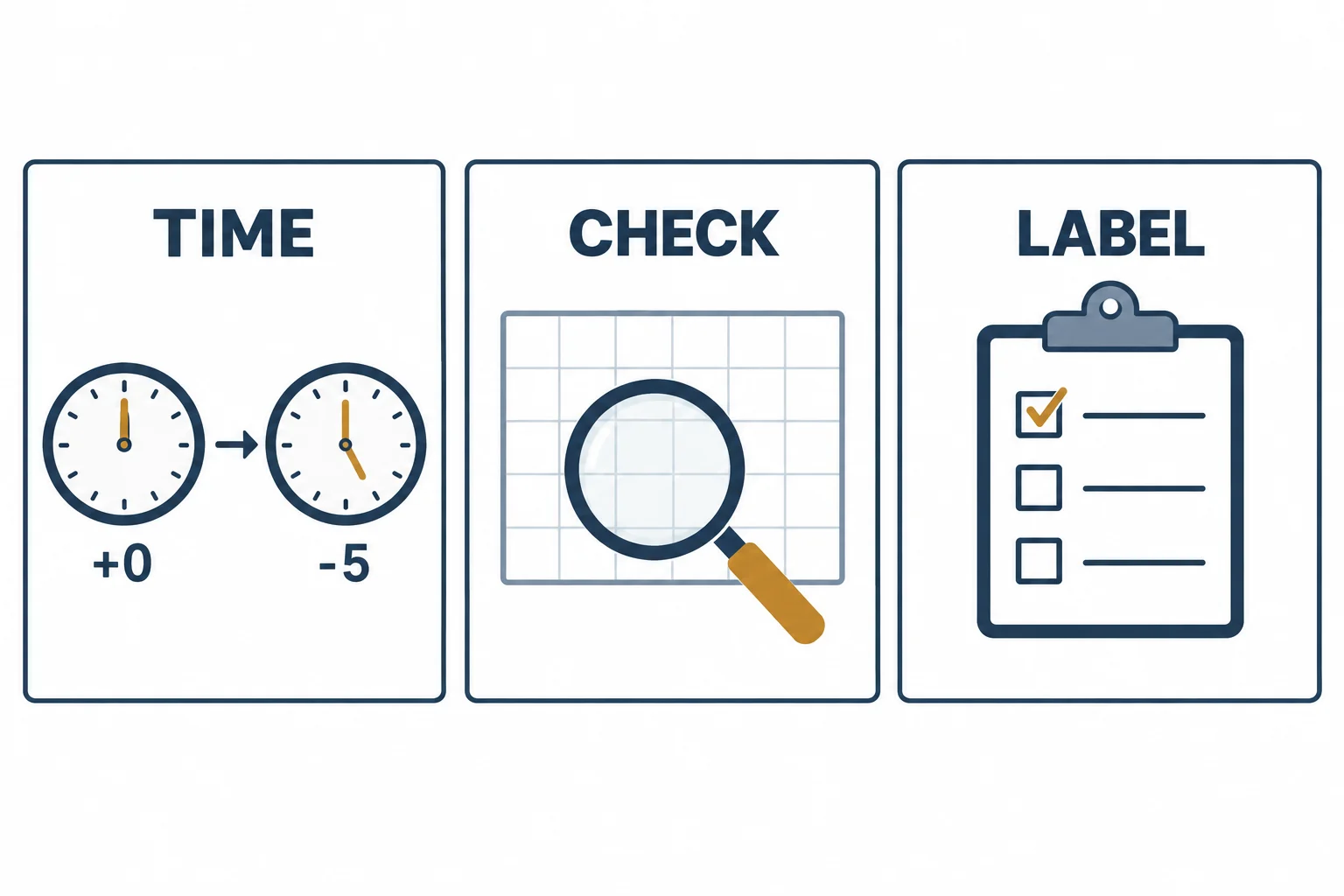 Three-panel schematic: a TIME panel with two analog clocks labelled plus-zero and minus-five joined by an arrow, a CHECK panel with a magnifying glass over an empty grid, and a LABEL panel with a clipboard holding three tick boxes, one ticked
