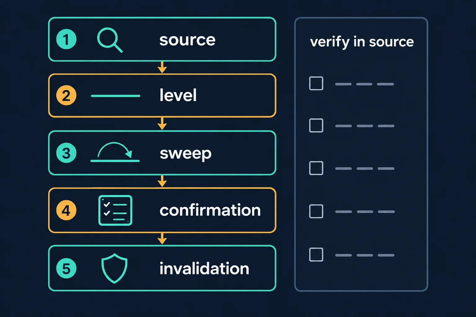 Five-step schematic review workflow labelled source, level, sweep, confirmation and invalidation, beside a verify-in-source checklist panel