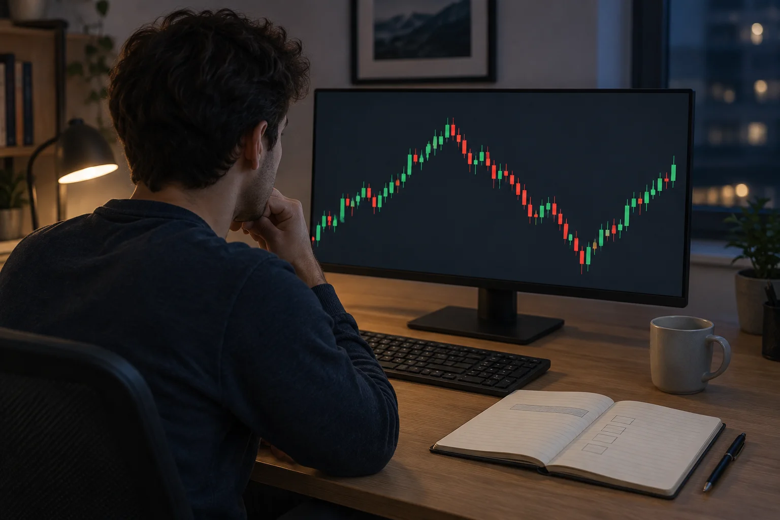 A day trader reviewing a candlestick chart at a home desk at night, notebook and pen beside the keyboard, used to illustrate classifying how price interacts with a marked opening range gap