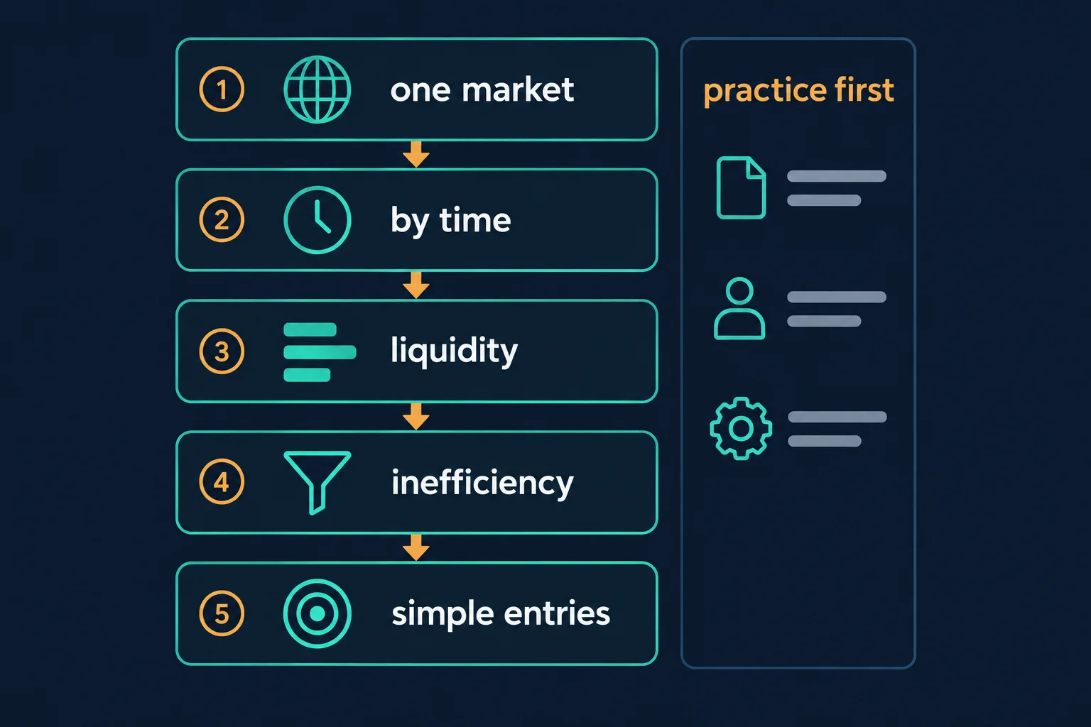 Five-step study framework stack labelled one market, by time, liquidity, inefficiency and simple entries, beside a practice-first panel