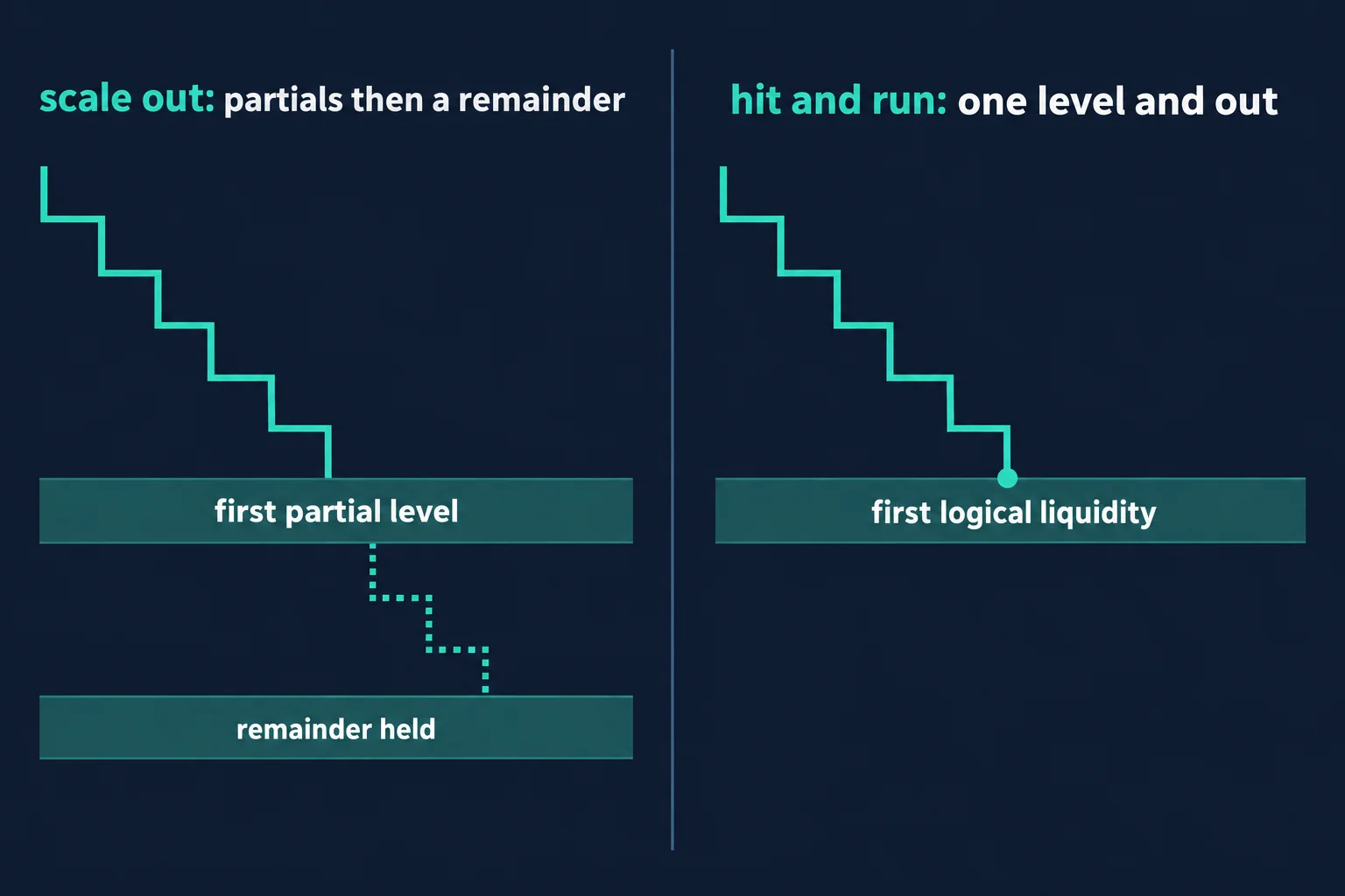 Two-panel abstract diagram comparing a scale-out approach with a partial at the first level and a remainder held against a hit-and-run approach exiting the whole position at the first logical liquidity level