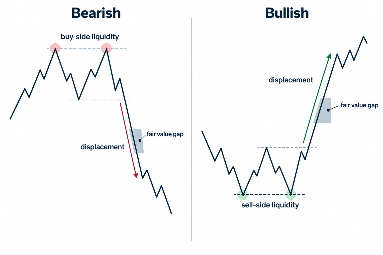 Mirrored bearish and bullish schematics show liquidity sweeps followed by displacement and gaps.