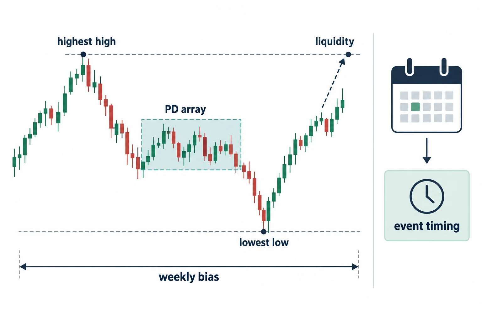 A range schematic separates a weekly liquidity hypothesis from scheduled-event timing.
