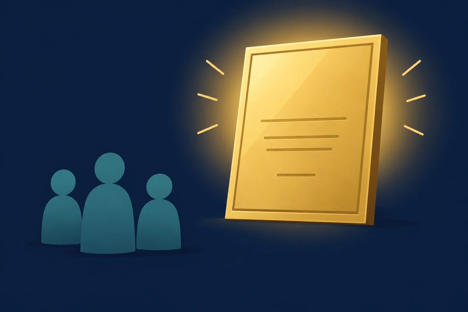 Abstract editorial illustration of a gold-coloured rectangular award plaque on a deep navy background with a soft glow, accompanied by three small muted-teal silhouette figures standing at a distance