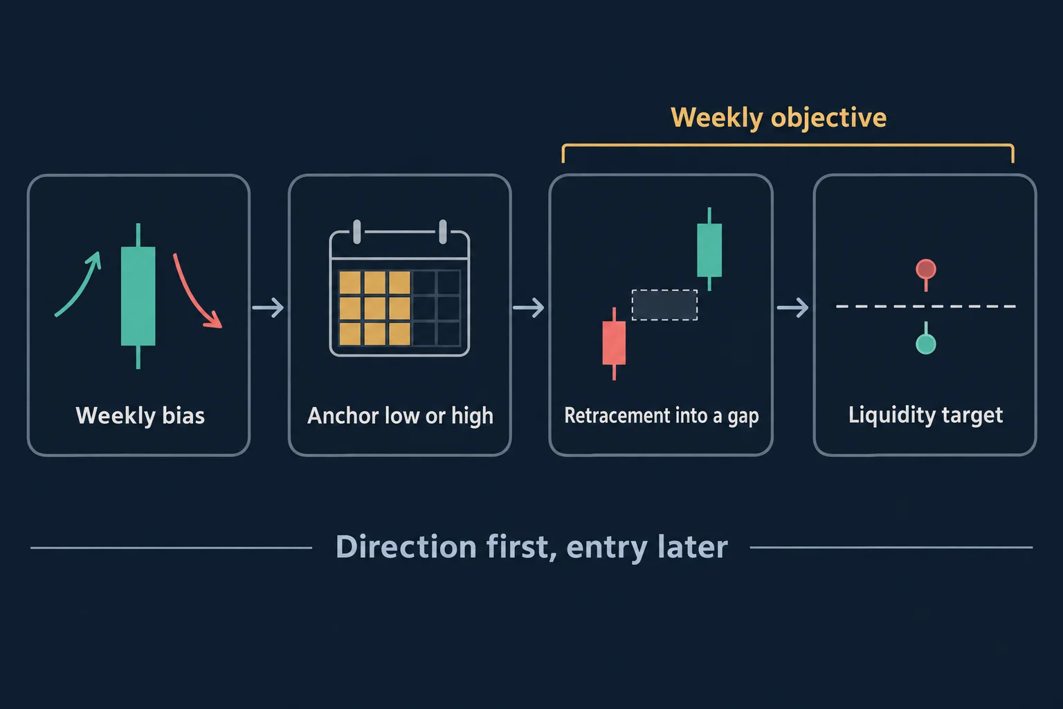 Educational schematic titled Weekly objective, showing four labelled panels in a left-to-right chain: Weekly bias with a candlestick and up/down arrows, Anchor low or high with a calendar whose first three day columns are shaded, Retracement into a gap with two separated candles and a dashed block between them, and Liquidity target with a dashed level plus stop markers resting above and below it. Footer line reads Direction first, entry later. Conceptual diagram only: no prices, no dates, no market data.