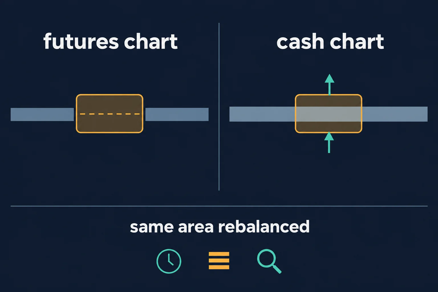 Two-panel educational diagram contrasting a gap-like interruption on a futures chart with the same area shown as an uninterrupted band on a cash chart, labelled same area rebalanced. Generic diagram with no prices or results.