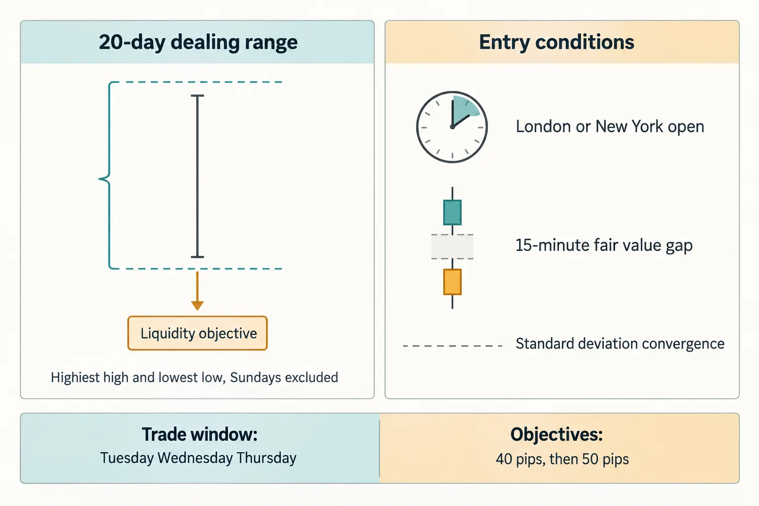 Educational infographic on a light background. Left block titled 20-day dealing range: a tall rectangle bounded by dashed lines top and bottom, a bracket spanning its height, a thin vertical price line inside, and an arrow leaving downward to a marker labelled Liquidity objective, with the note Highest high and lowest low, Sundays excluded. Right block titled Entry conditions: a clock labelled London or New York open, two separated candle bodies with a gap between them labelled 15-minute fair value gap, and a dashed line labelled Standard deviation convergence. Bottom strip reads Trade window: Tuesday Wednesday Thursday, and Objectives: 40 pips, then 50 pips. Conceptual diagram only: no prices, no currency pairs, no market data.