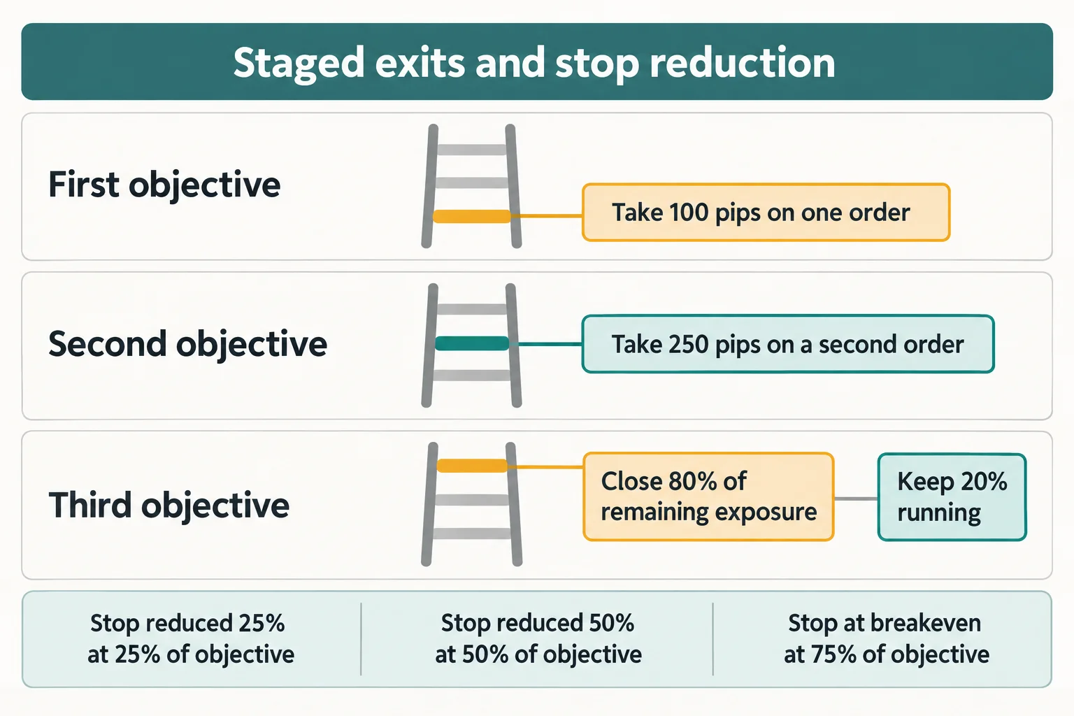 Educational infographic on a light background titled Staged exits and stop reduction, with three rows and a three-part footer. First objective: Take 100 pips on one order. Second objective: Take 250 pips on a second order. Third objective: Close 80% of remaining exposure and Keep 20% running. Footer reads Stop reduced 25% at 25% of objective, Stop reduced 50% at 50% of objective, and Stop at breakeven at 75% of objective. Conceptual diagram only: no prices, no currency pairs, no market data.
