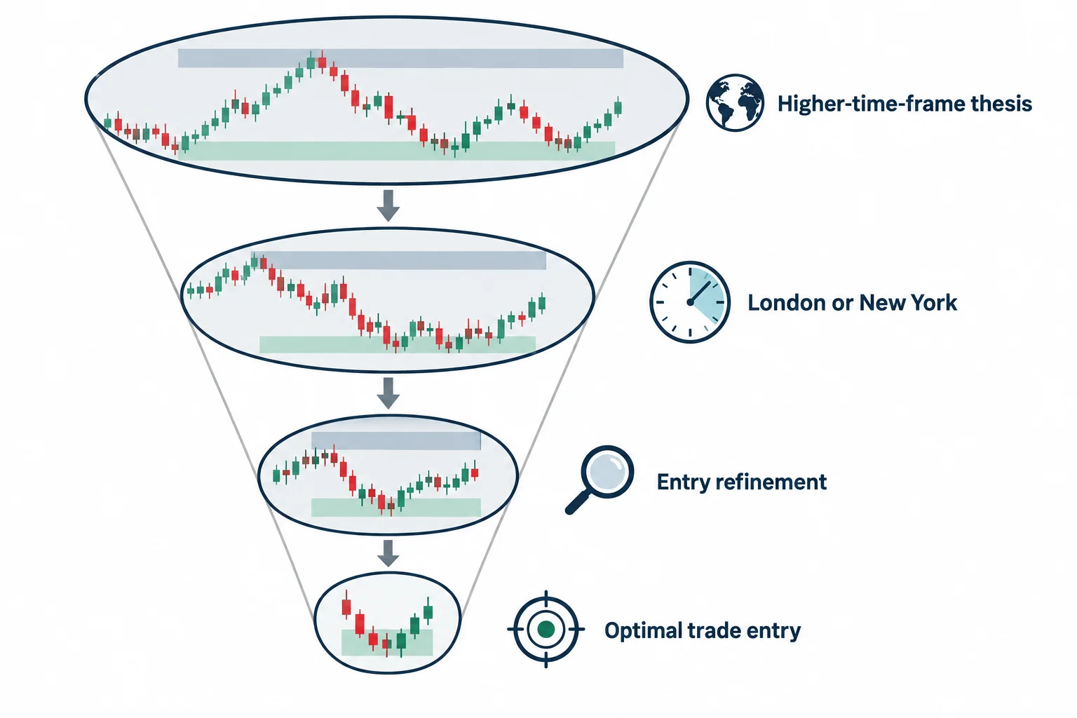 A funnel diagram connects higher-time-frame context to retracement and session-based refinement.