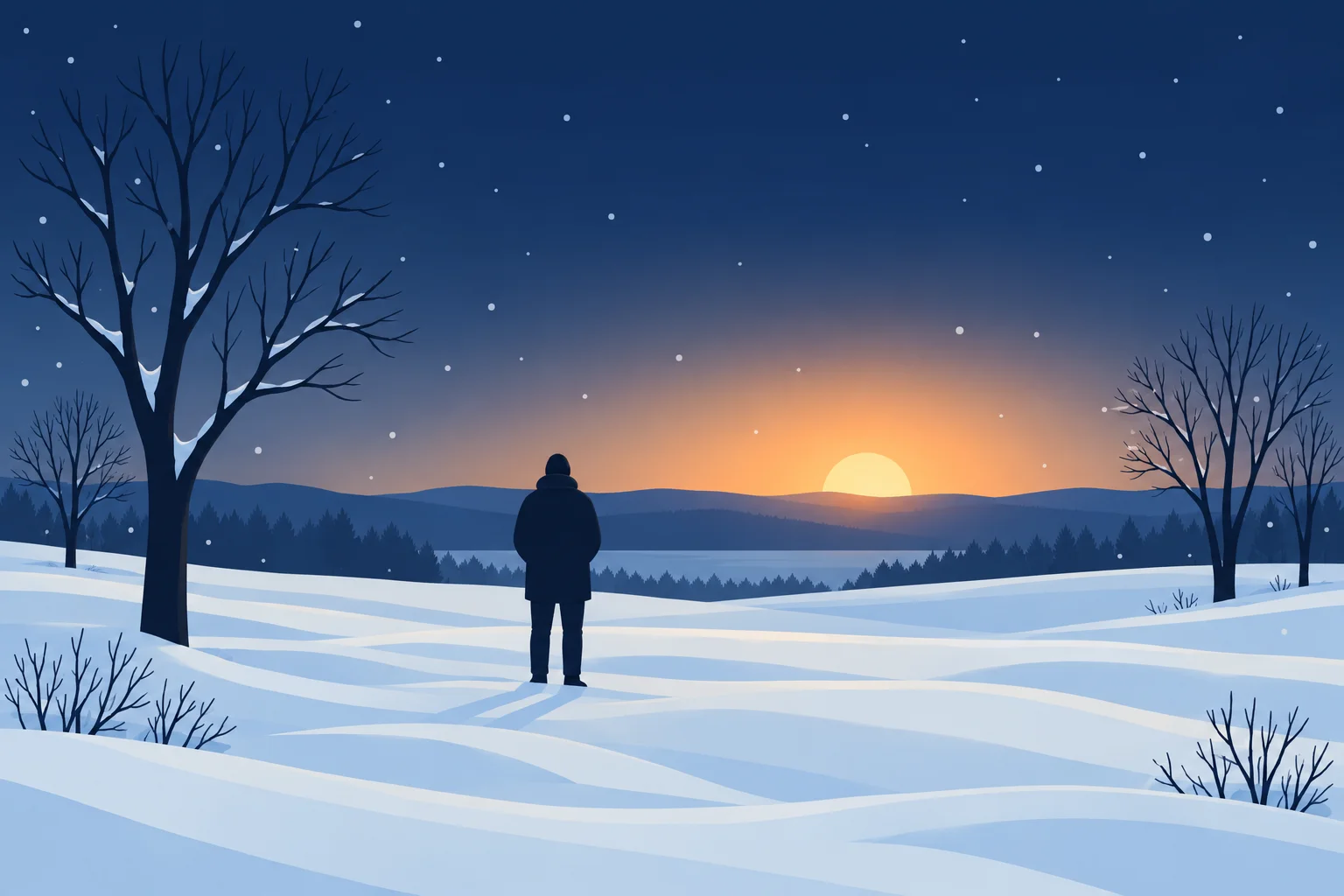 Flat vector editorial illustration of a quiet winter morning: snow-covered ground with soft drift lines, bare leafless trees, and a low warm sunrise glow behind distant hills, with a single featureless figure in a dark winter coat seen from behind looking outward. Delicate snowflakes drift through the air. Conceptual illustration only: no words, no letters, no numerals, no logos, no charts, no price axes and no performance figures.