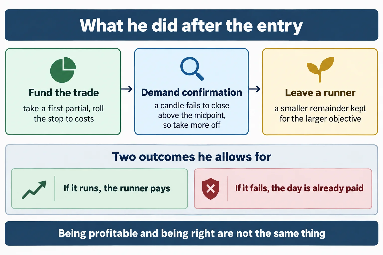 Educational infographic titled What he did after the entry, with three labelled panels connected by arrows: Fund the trade with take a first partial, roll the stop to costs; Demand confirmation with a candle fails to close above the midpoint, so take more off; and Leave a runner with a smaller remainder kept for the larger objective. Below, a strip headed Two outcomes he allows for with boxes If it runs, the runner pays and If it fails, the day is already paid. Footer line reads Being profitable and being right are not the same thing. Conceptual diagram only: no prices, no instrument names, no point values, no market data.