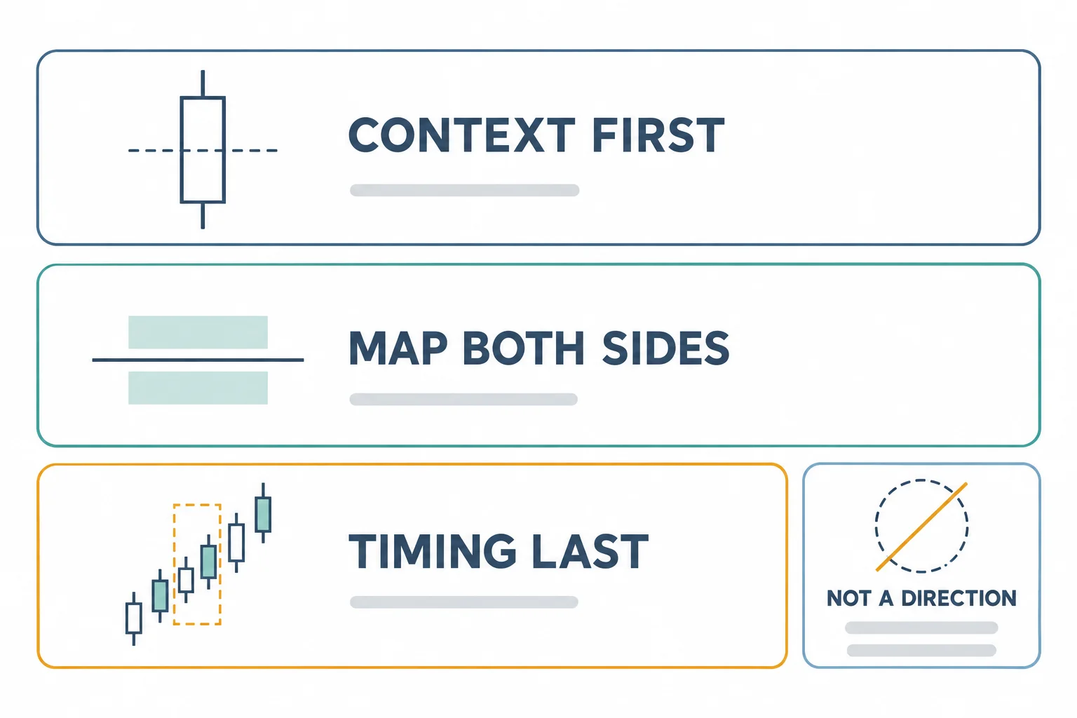 Flat-vector schematic with three bands labelled CONTEXT FIRST, MAP BOTH SIDES and TIMING LAST, each with a small line icon, plus a side panel labelled NOT A DIRECTION with a crossed circle. AI-generated educational diagram; no prices, times, numbers or performance data.