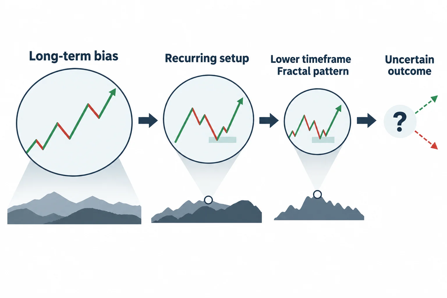 A flow diagram moves from long-term bias to a recurring setup and a lower-timeframe pattern.