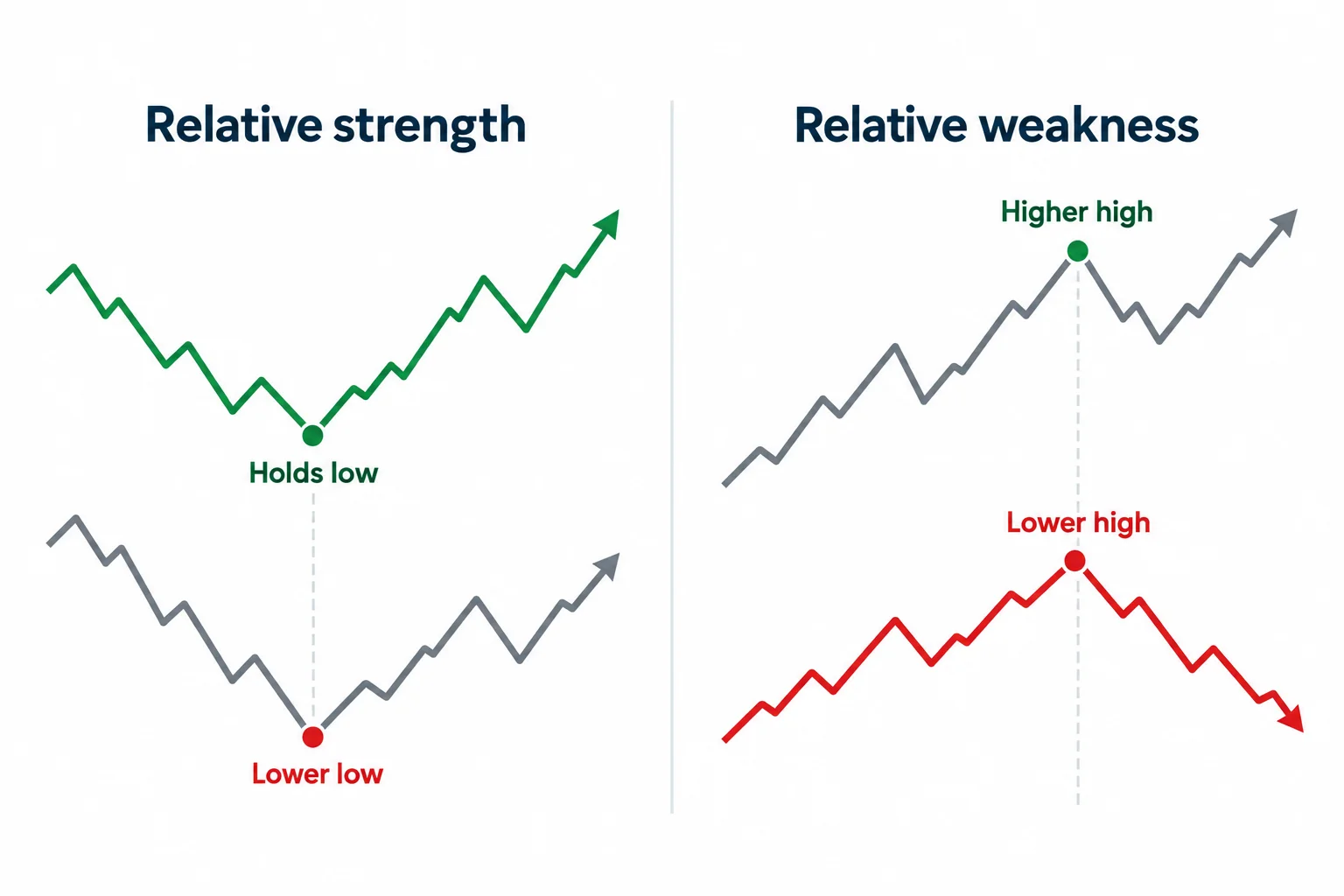 Paired schematic swings compare a held low with a lower low and a failed high with a higher high.